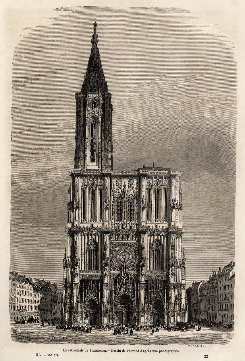 Fasada katedry w Strasburgu, rysunek Theronda, ilustrujący podróż Victora Duruya z Paryża do Bukaresztu w 1860 roku. Rycina w „Le tour du monde”” 1861. Kolekcja Selvy. autorstwa Emile Theodore Therond