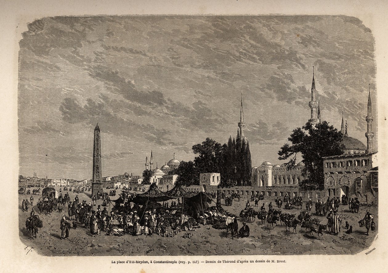 Plac Ett Meydan, Konstantynopol (dzisiejszy Istambuł, Turcja), rysunek Theronda, ilustrujący studium tureckich kobiet z 1862 r., wykonane przez F.Jerusalemy. Grawerowanie w „”Le tour du monde””, pod redakcją Edouarda Chartona autorstwa Emile Theodore Therond