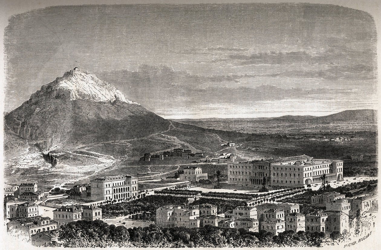 Widok na Ateny Grecja, rysunek Theronda, ilustrujący historię M.A.Prousta, zimy w Atenach autorstwa Emile Theodore Therond