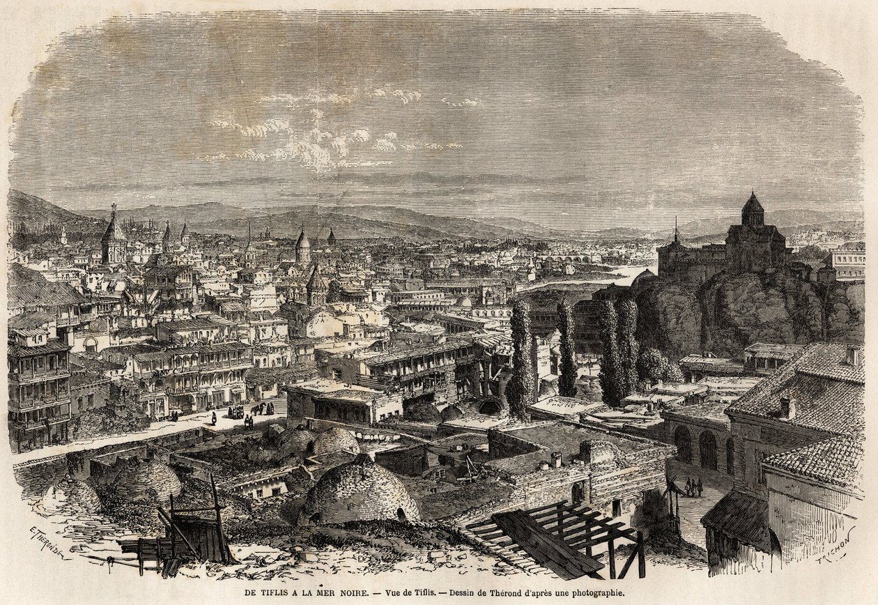 Widok Tiflisu (lub Tbilisi), rysunek Theronda, ilustrujący podróż pana Moyneta w 1858 r. nad Morze Czarne i Morze Kaspijskie. Grawerowanie w „”Le tour du monde, nouveau journal des voyages””Paryż autorstwa Emile Theodore Therond