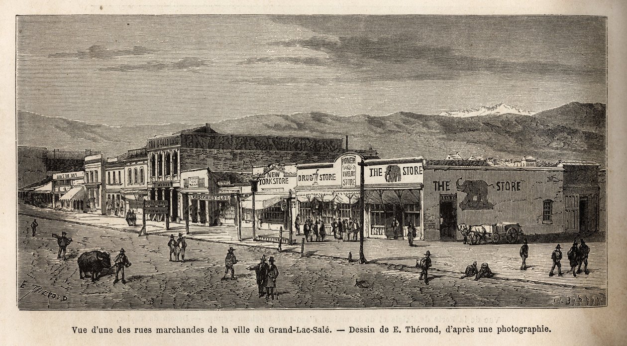 Widok jednej z ulic handlowych miasta Salt Lake City (Utah, USA), wyryty według rysunku E.Theronda, ilustrującego podróż z Waszyngtonu do San Francisco, w 1868 r., autorstwa L. Simonina, opublikowany w „” Le tour du monde””” 1874, pod redakcją Ed autorstwa Emile Theodore Therond