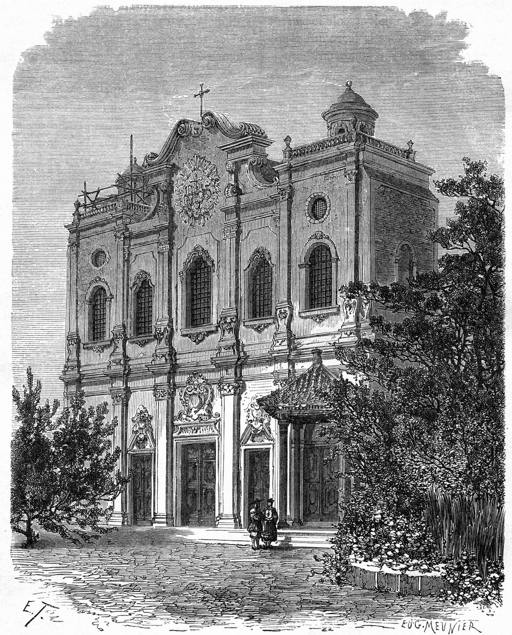 Widok na fasadę katedry w Nantang, zbudowanej na miejscu domu Matteo Ricciego (1552-1610), ojca katolicyzmu w Chinach. Grawerowanie według rysunku Theronda, w „”Le Tour du Monde, Nouveau journal des Voyages””, pod redakcją Edouarda Charta autorstwa Emile Theodore Therond