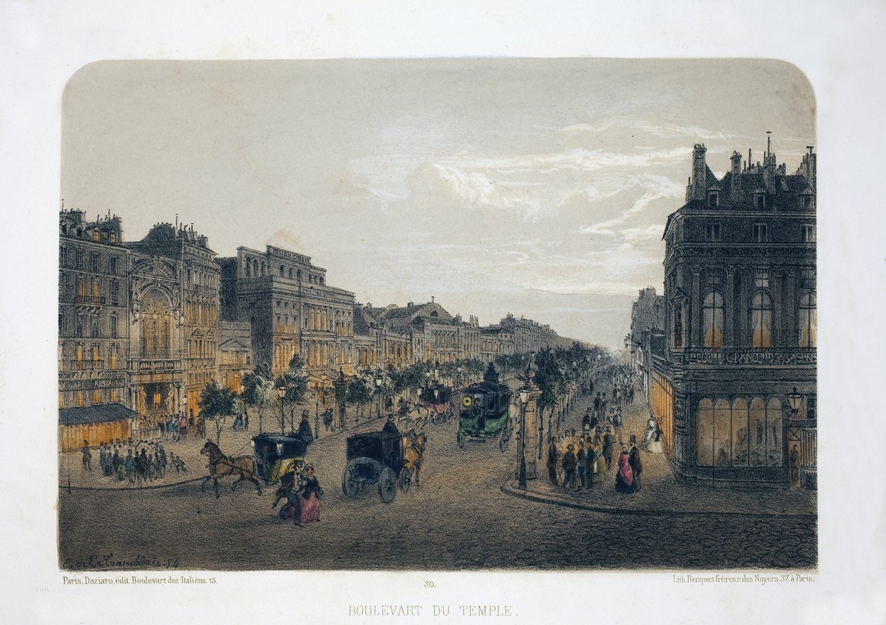 Boulevard du Temple, Paryż. Litografia akwarela, ilustracja E.de la Tramblaiz, w „Albumie, pamiątki z Paryża”, redaktor Daziaro, Paryż autorstwa Emile de la Tramblais