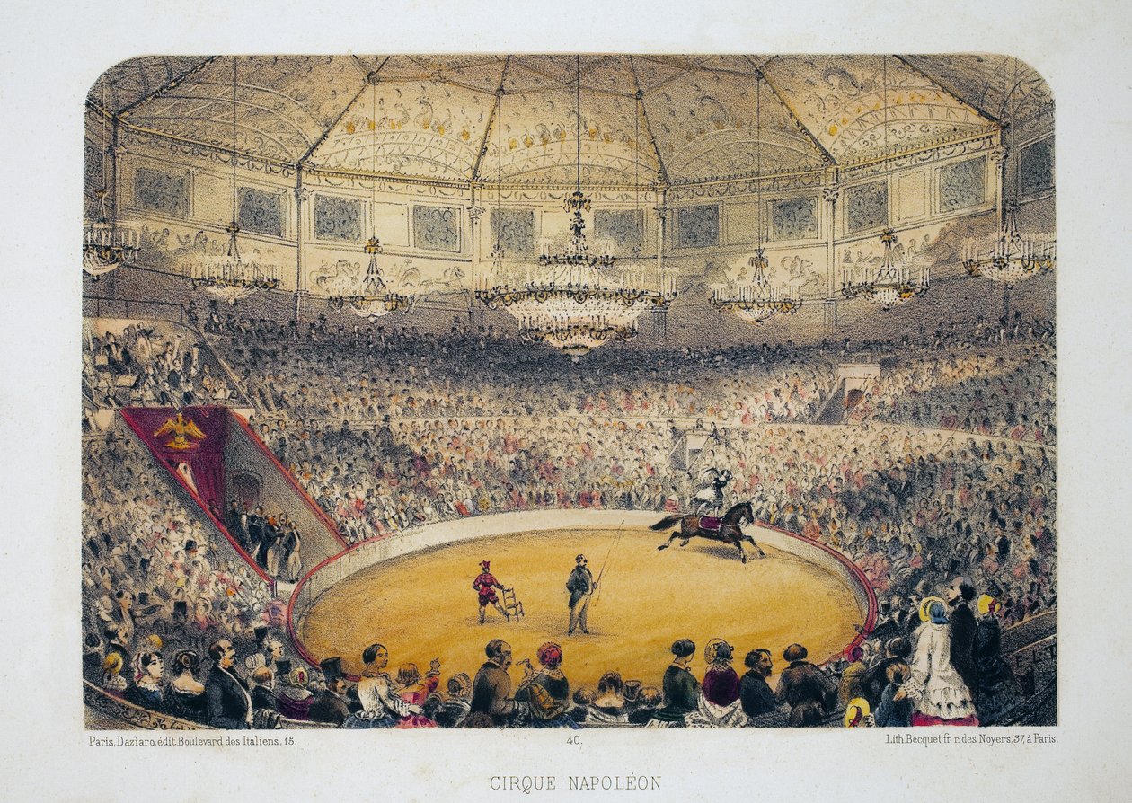 Cirque Napoleon (obecny cyrk zimowy, rue Amelot, Paryż). Litografia akwarela, ilustracja E.de la Tramblaiz, w „Albumie, pamiątki z Paryża”, redaktor Daziaro, Paryż autorstwa Emile de la Tramblais