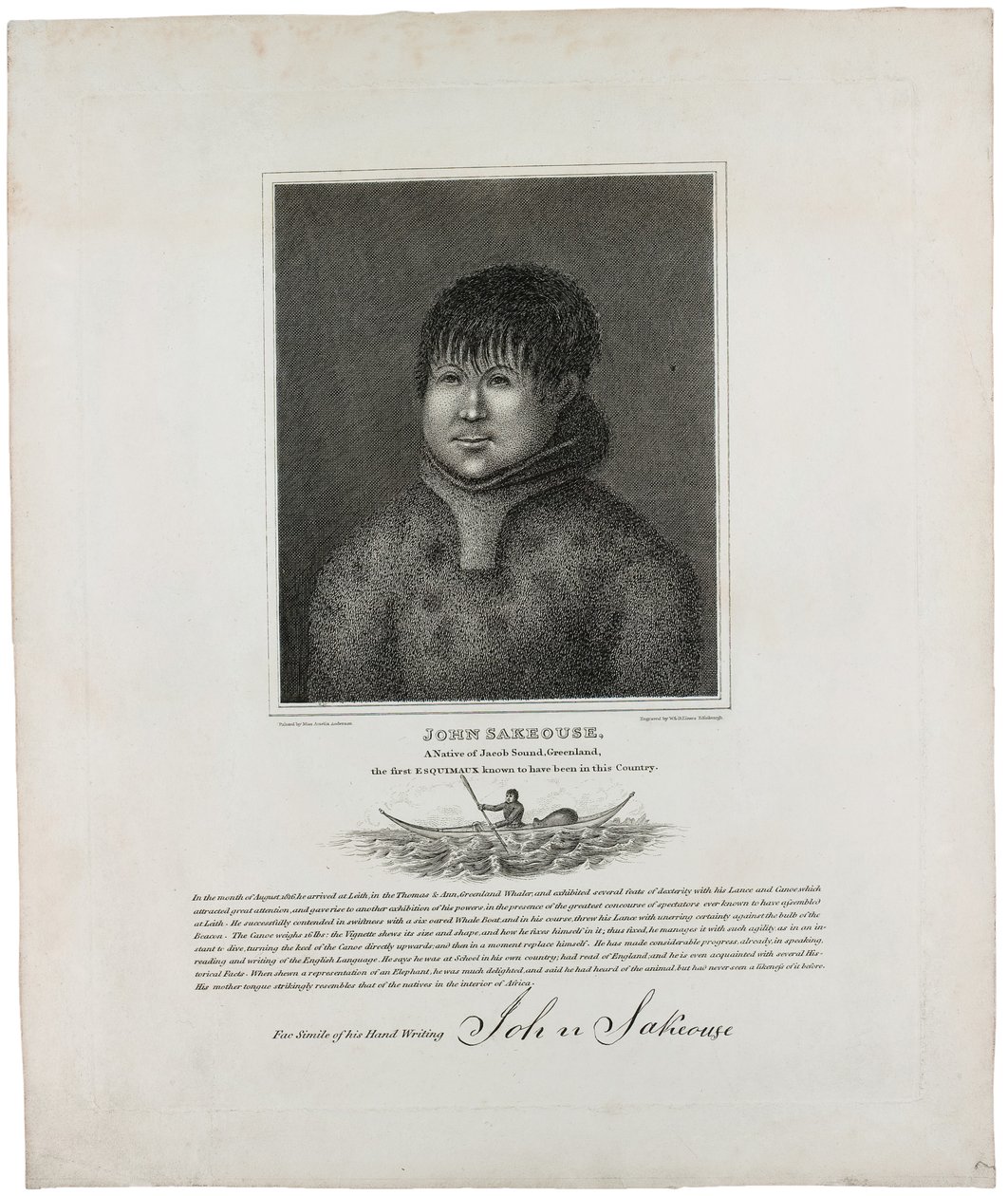 John Sakeouse, pochodzący z Jacob Sound na Grenlandii, pierwszy Eskimos, o którym wiadomo, że przebywał w tym kraju, 1816 autorstwa Emilia Anderson