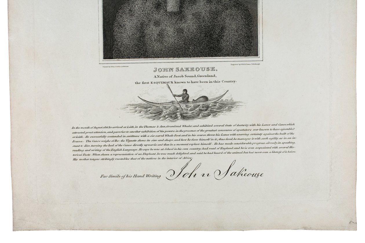 John Sakeouse, pochodzący z Jacob Sound na Grenlandii, pierwszy Eskimos, o którym wiadomo, że przebywał w tym kraju, 1816 autorstwa Emilia Anderson