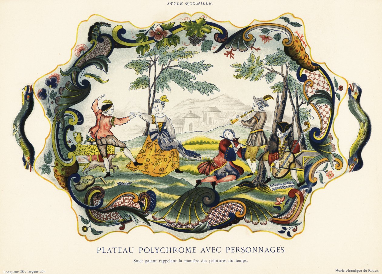 Półmisek z figurami w stylu rockery, Rouen. 1870 (chromolitografia) autorstwa Emilie Pottier