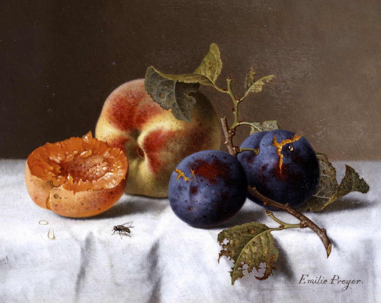 Martwa natura z brzoskwiniami i zgniłymi śliwkami. Obraz autorstwa Emilie Preyer (1849-1930) Kolekcja prywatna. autorstwa Emilie Preyer
