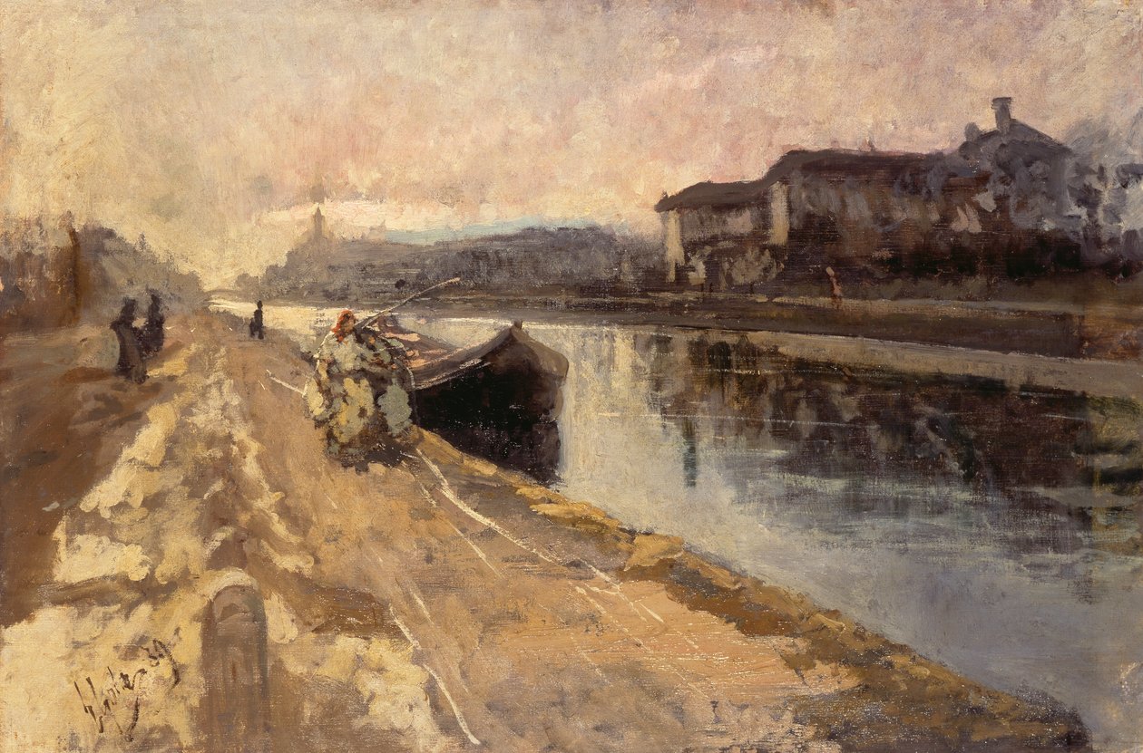 Zwykli mieszkańcy wzdłuż kanału Naviglio autorstwa Emilio Gola