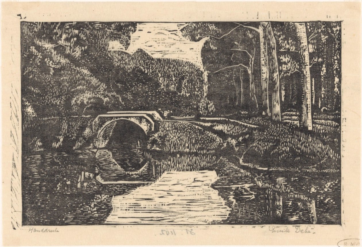 Most nad kanałem w lesie autorstwa Emilius Wilhelmus Dehé (signed by artist)