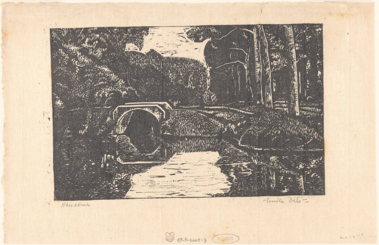 Most nad kanałem w lesie autorstwa Emilius Wilhelmus Dehé (signed by artist)