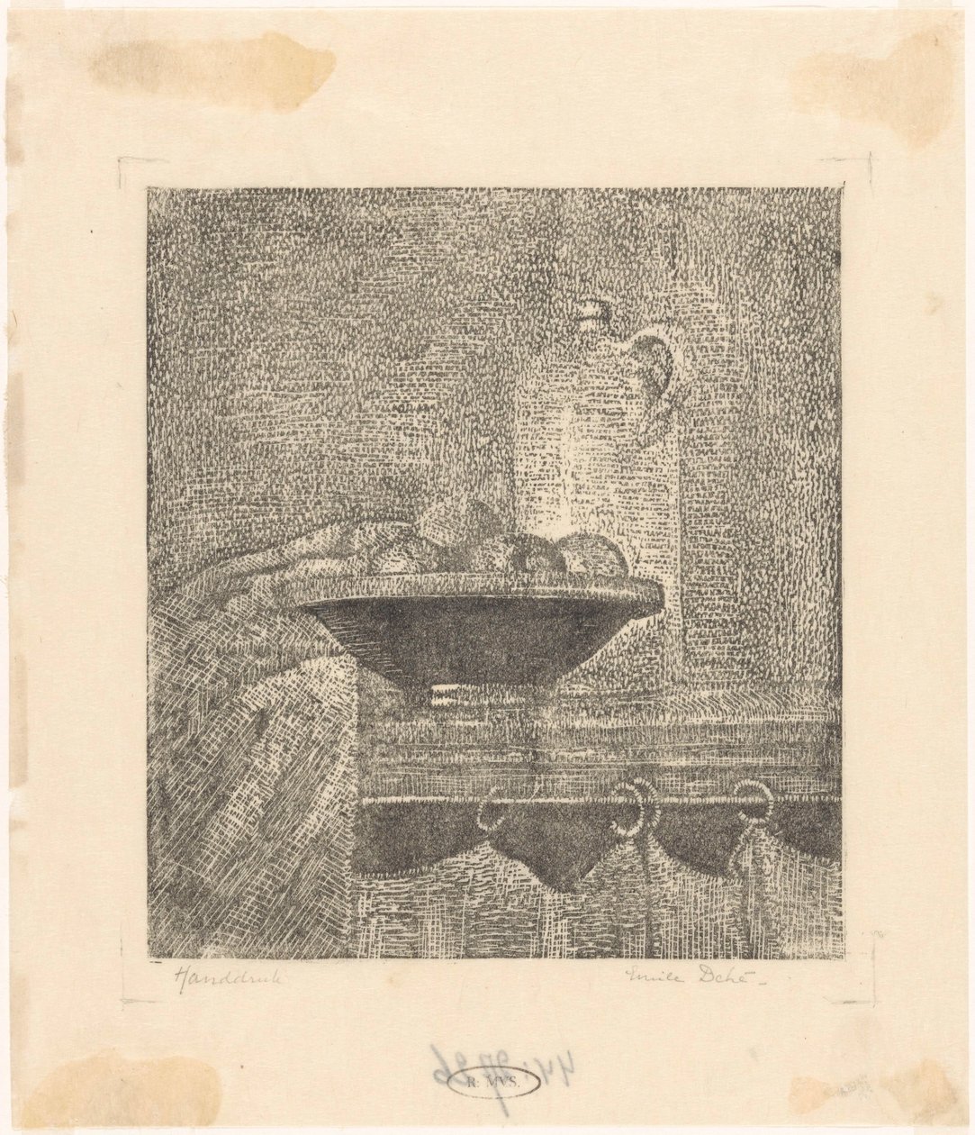 Martwa natura z dzbankiem i miską na owoce autorstwa Emilius Wilhelmus Dehé (signed by artist)