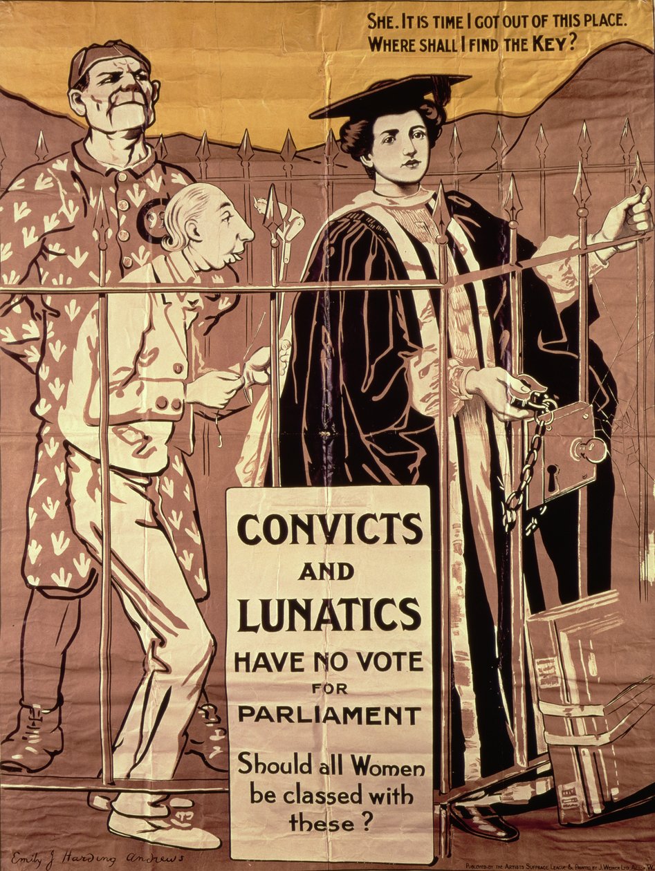 „Skazani i szaleńcy nie głosują na parlament. Czy wszystkie kobiety powinny być z nimi klasyfikowane?”, plakat propagandowy sufrażystek, ok. 1910 r. (lito) autorstwa Emily J. Harding Andrews