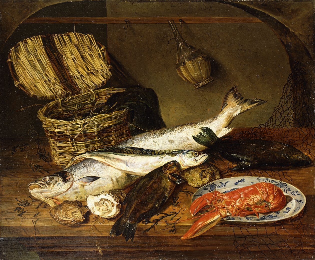Łosoś, Makrela, Homar na talerzu, Wiklinowy kosz, Ostrygi, Butelka Chianti i Sieć rybacka na drewnianym stole, 1854 autorstwa Emily Stannard