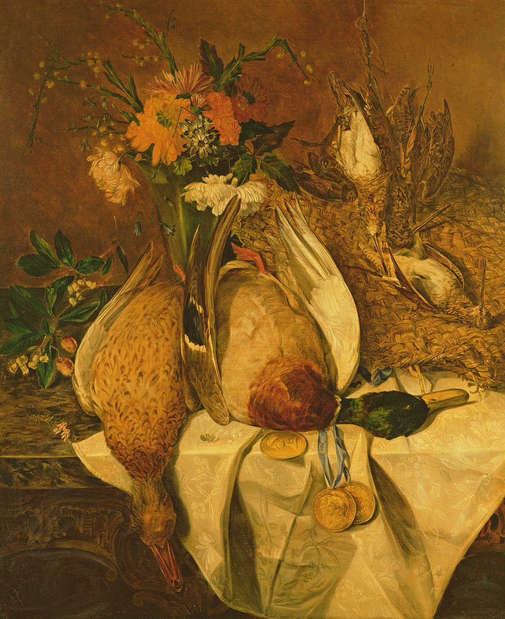 Martwa natura z krzyżówką, bekasami i złotymi medalami, ok. 1850 r. autorstwa Emily Stannard
