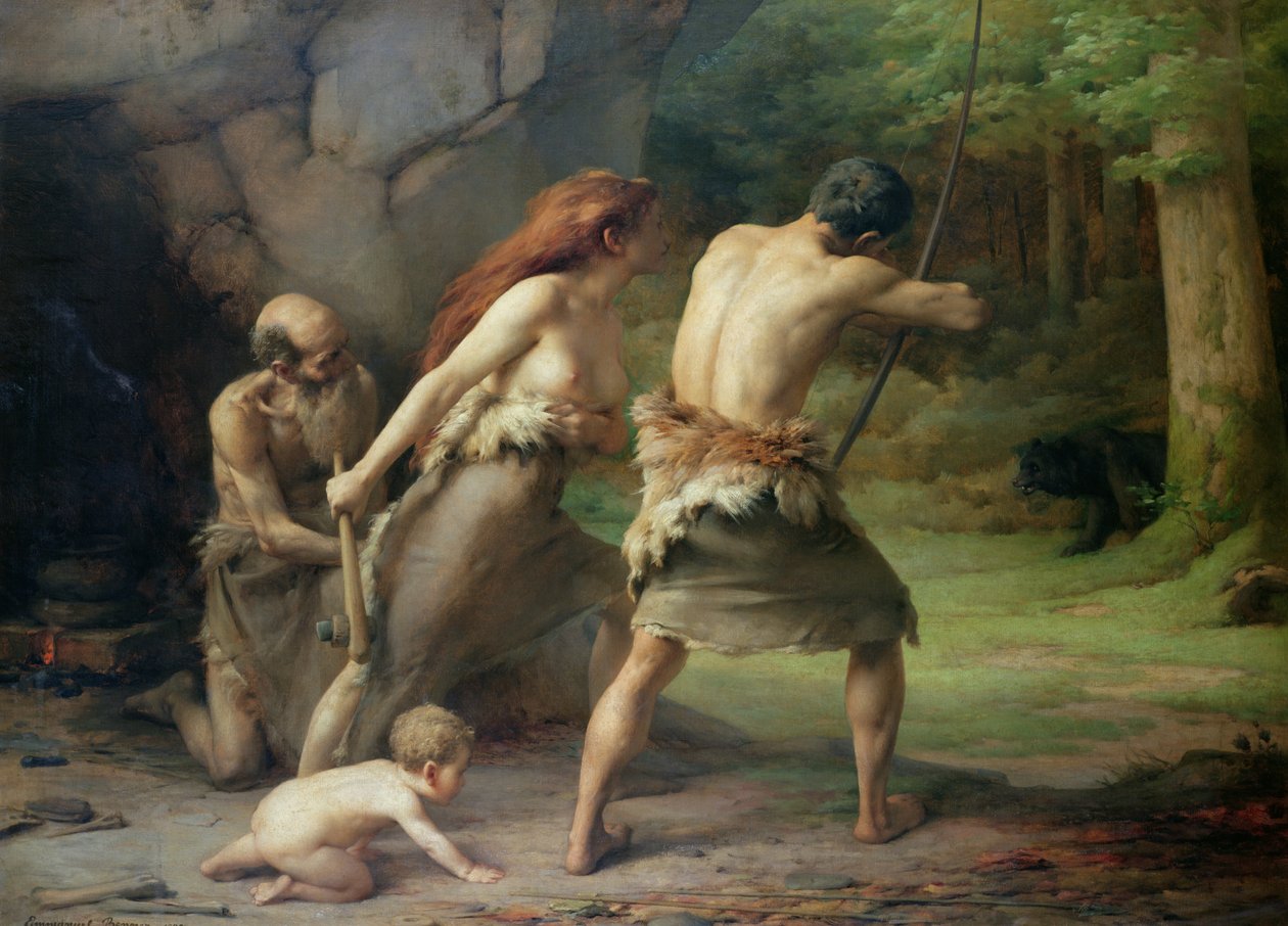 Prehistoryczny człowiek polujący na niedźwiedzie, 1832 autorstwa Emmanuel Benner