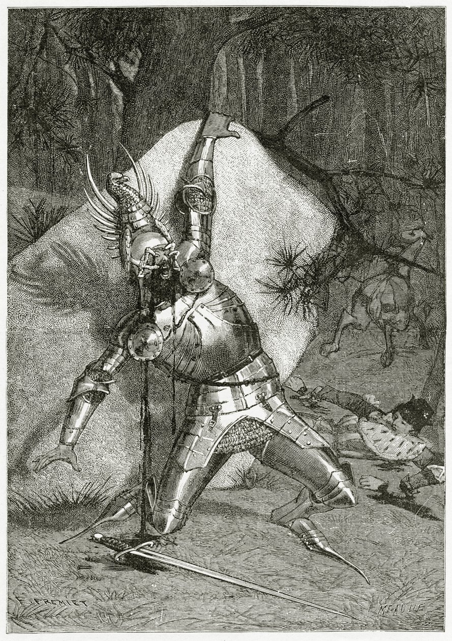 Tiphaine oślepiony swoim brązowym orłem, XIX w. (rycina bw) autorstwa Emmanuel Fremiet