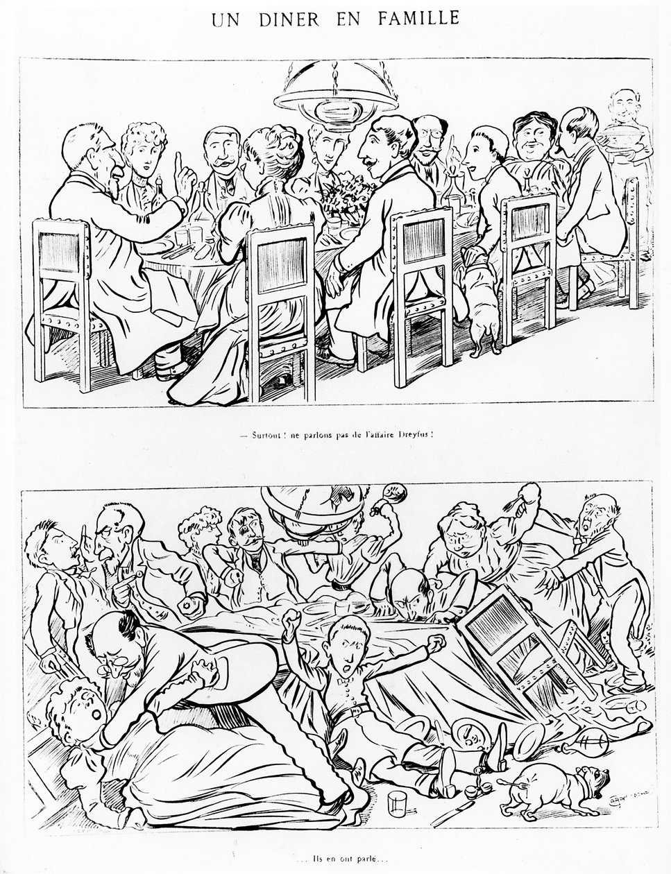 Karykatura rodzinnego obiadu przed i po rozmowie o aferze Dreyfusa, ok. 1894 r. autorstwa Emmanuel Poire Caran D