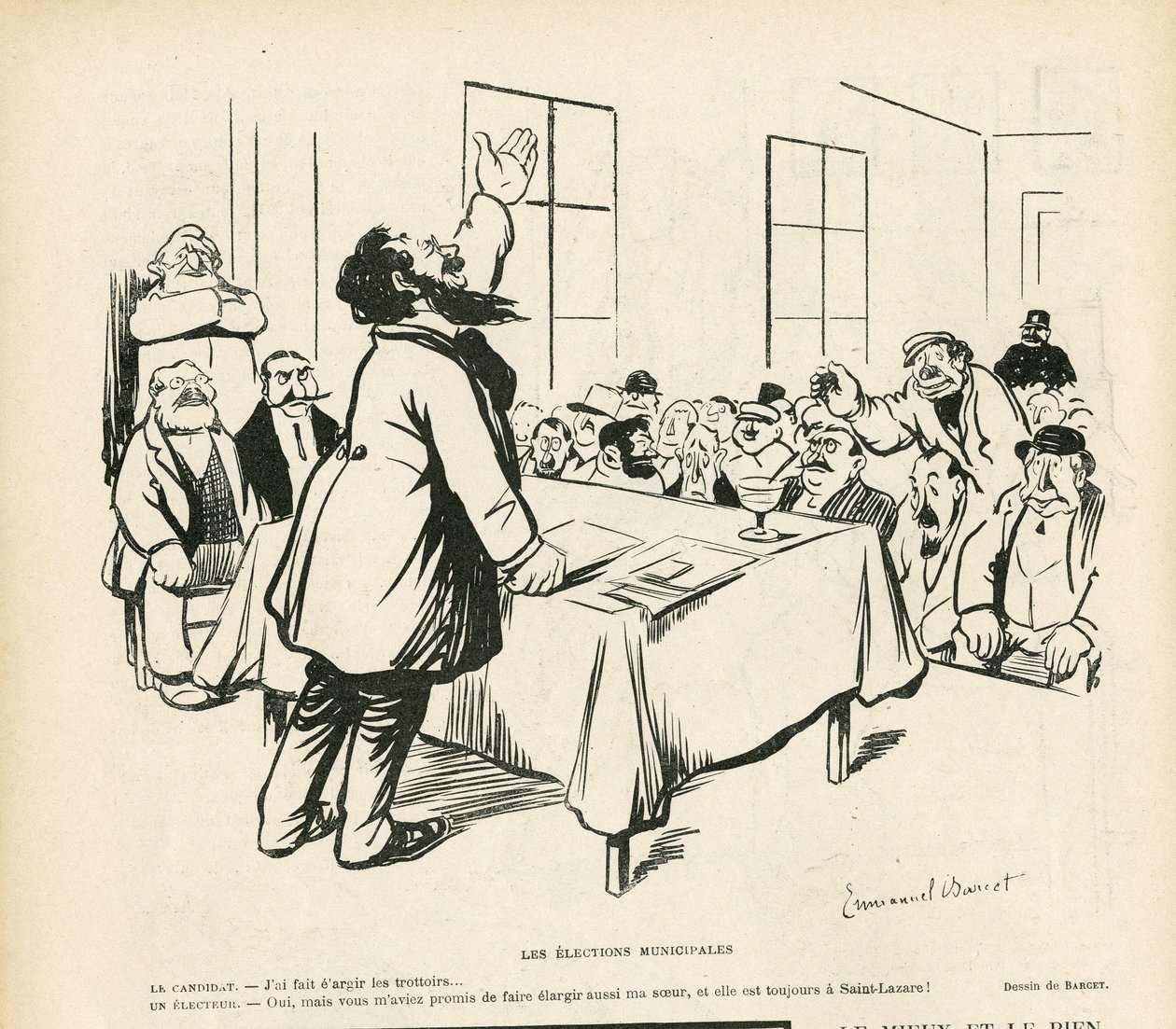Ilustracja przedstawiająca Emmanuela Barceta (1870-1940) w Le Rire, 09.05.08 – Wybory samorządowe – Wybory, Spotkanie polityczne, zebranie, zebranie wyborcze, wybory samorządowe autorstwa Emmanuel Barcet