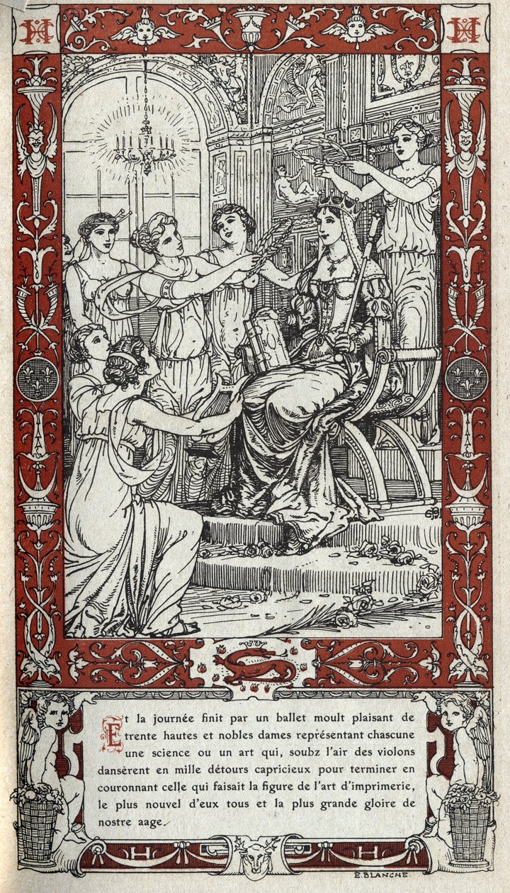 Balet w zamku Fontainebleau, podczas którego damy dworu króla Henryka II (1519 - 1559) reprezentują naukę lub sztukę. Rycina z 1914 r. autorstwa Emmanuela Blanche (1880-1946).DR Ze zbiorów prywatnych. autorstwa Emmanuel Blanche