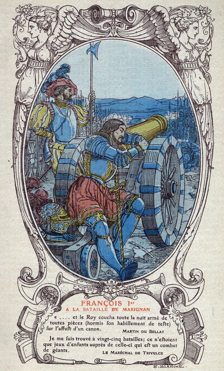Król Francji Franciszek I (1494-1547) w bitwie pod Marignan 13 i 14 września 1515. Rycina z 1914 r. autorstwa Emmanuela Blanche (1880-1946).DR Zbiory prywatne. autorstwa Emmanuel Blanche