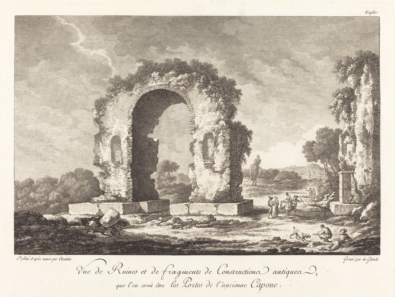Widok ruin i fragmentów starożytnej konstrukcji ... starożytnej Kapui autorstwa Emmanuel Jean Nepomucène de Ghendt after Claude Louis Châtelet