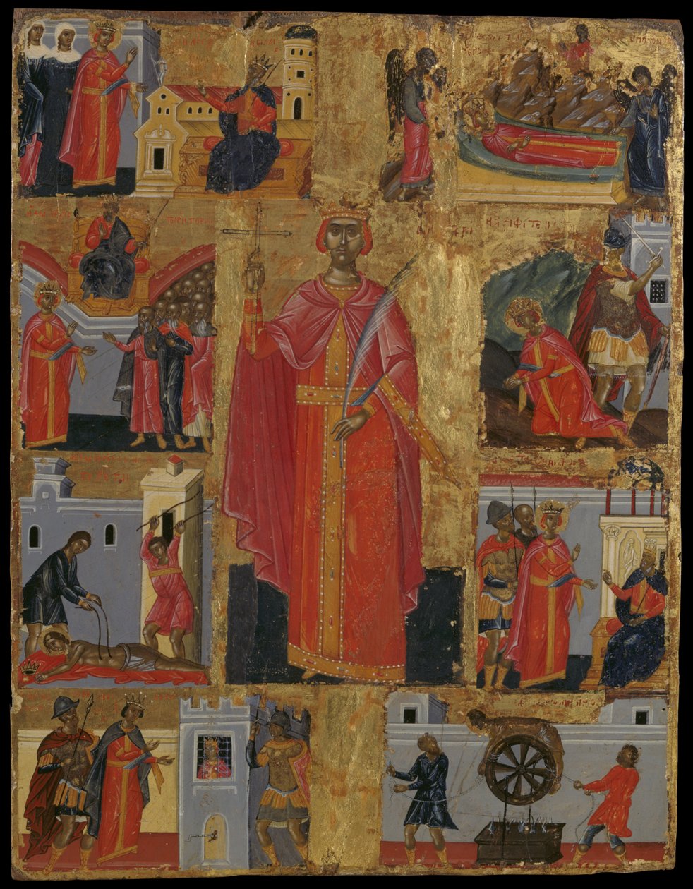 Ikona św. Katarzyny ze scenami z jej życia (tempera jajeczna na panelu) autorstwa Emmanuel Tzanes