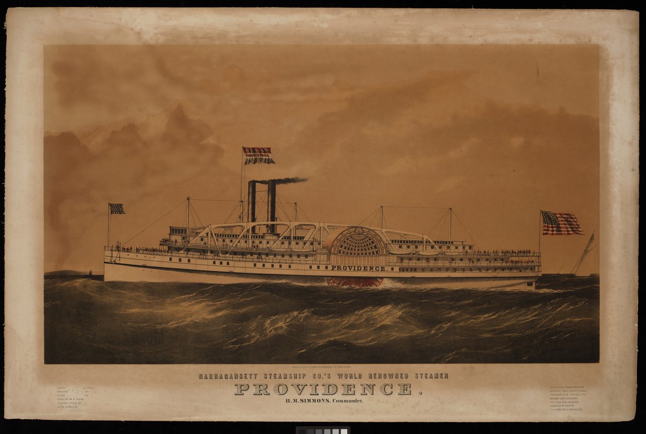 Znany na całym świecie parowiec Narragansett Steamship Co. o nazwie Providence B M Simmons. Dowódca... (litografia, kolorowana) autorstwa Endicott Endicott