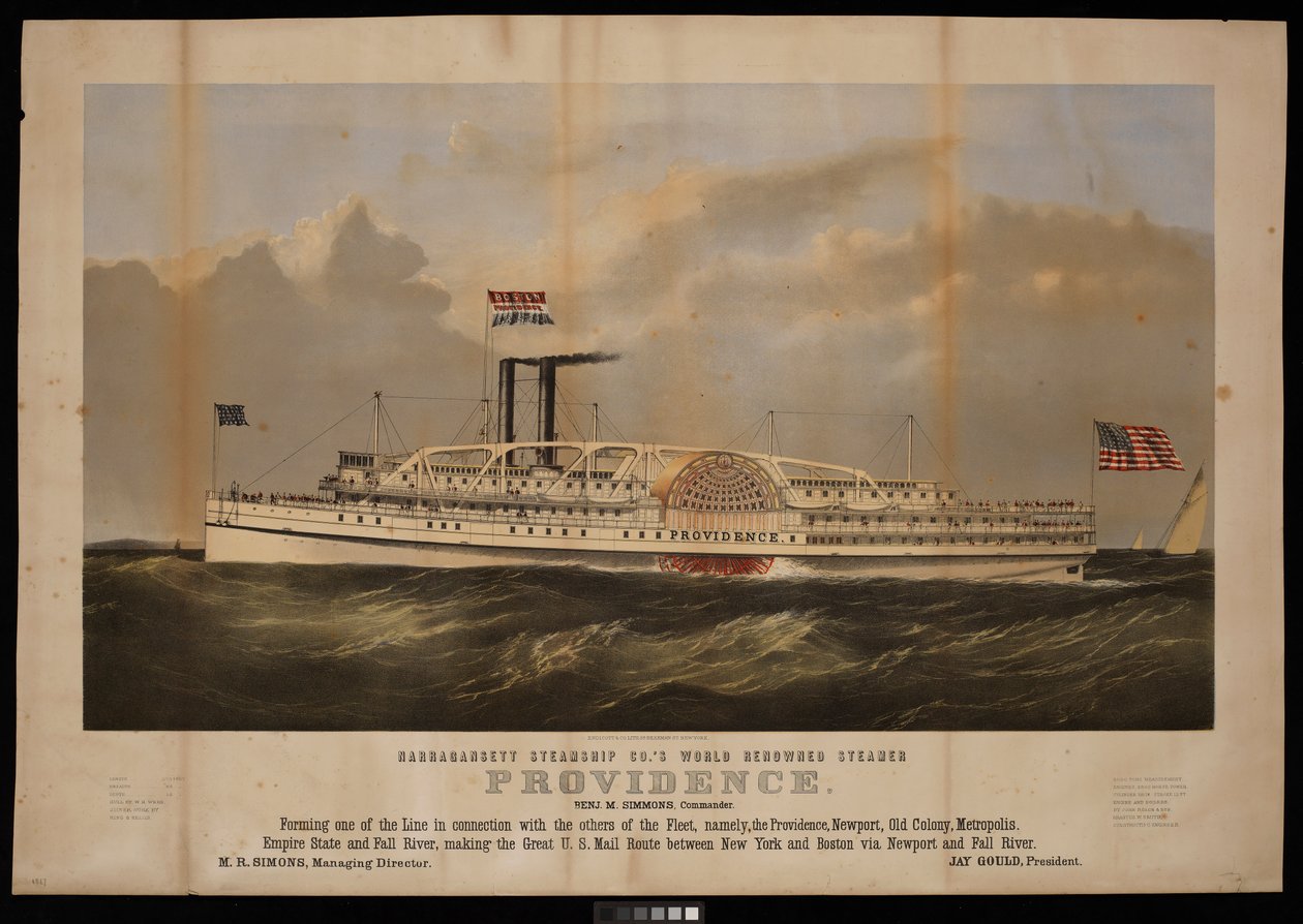 Znany na całym świecie parowiec Narragansett Steamship Co. o nazwie Providence Benj M Simmons. Dowódca... (litografia) autorstwa Endicott Endicott