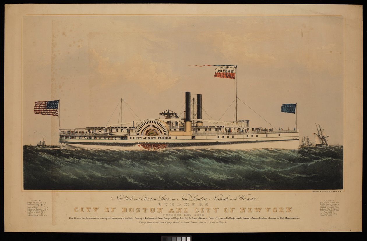 New York and Boston Line, przez New London, Norwich i Worcester parowce City of Boston i City of New York.... autorstwa Endicott Endicott