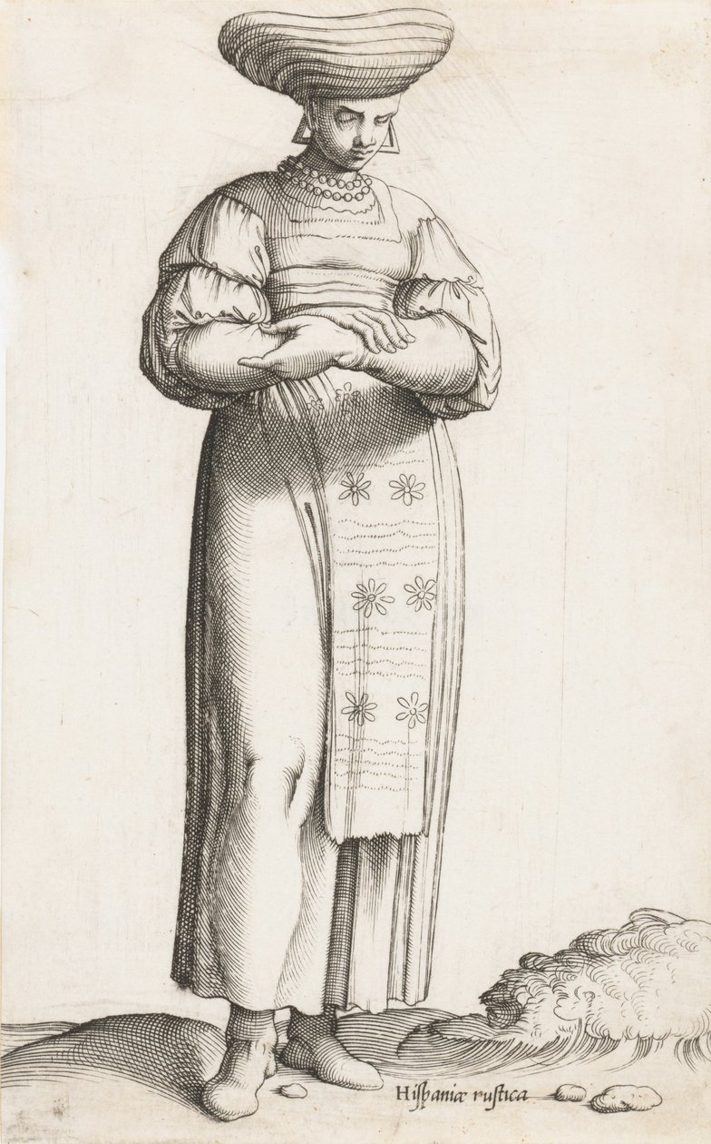 Tabliczka kostiumowa: Hispania Rustica mul. z etykietą na ziemi, ca. 1557-58. autorstwa Enea Vico