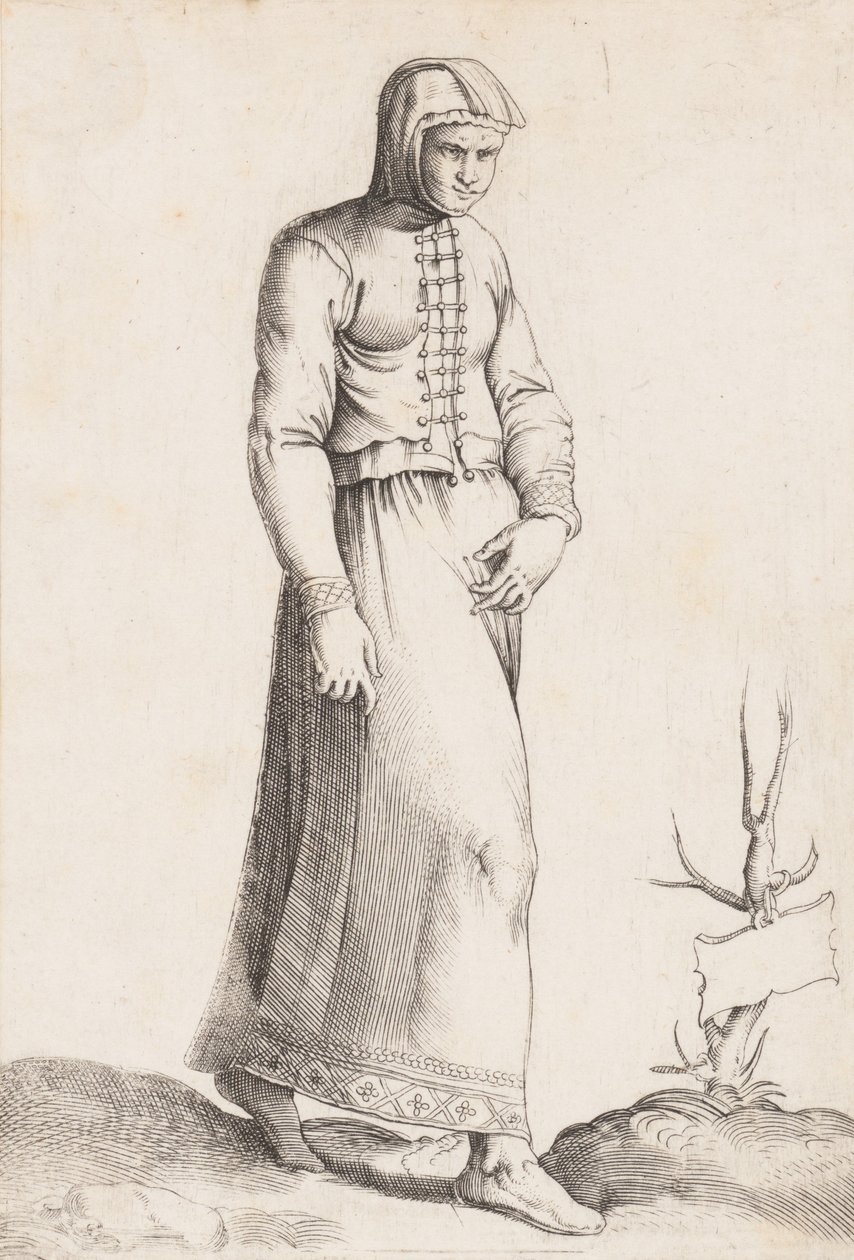 Tabliczka kostiumowa: Kobieta w stroju z kapturem, ca. 1557-58. autorstwa Enea Vico