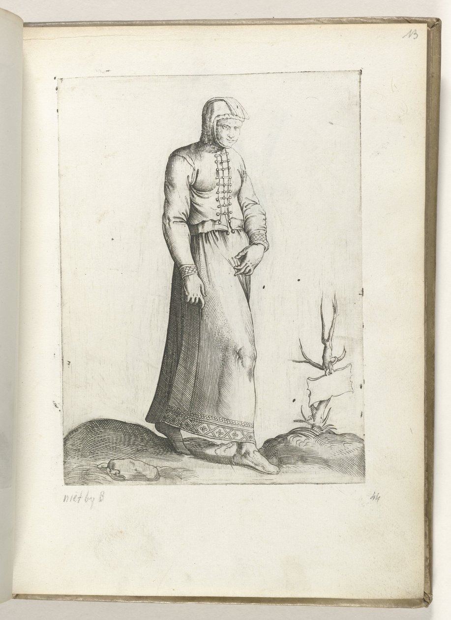 Een vrouw uit Spanje, gekleed volgens de mode van ca. 1550 Postawy różnych narodów naszych czasów (tytuł serii) autorstwa Enea Vico