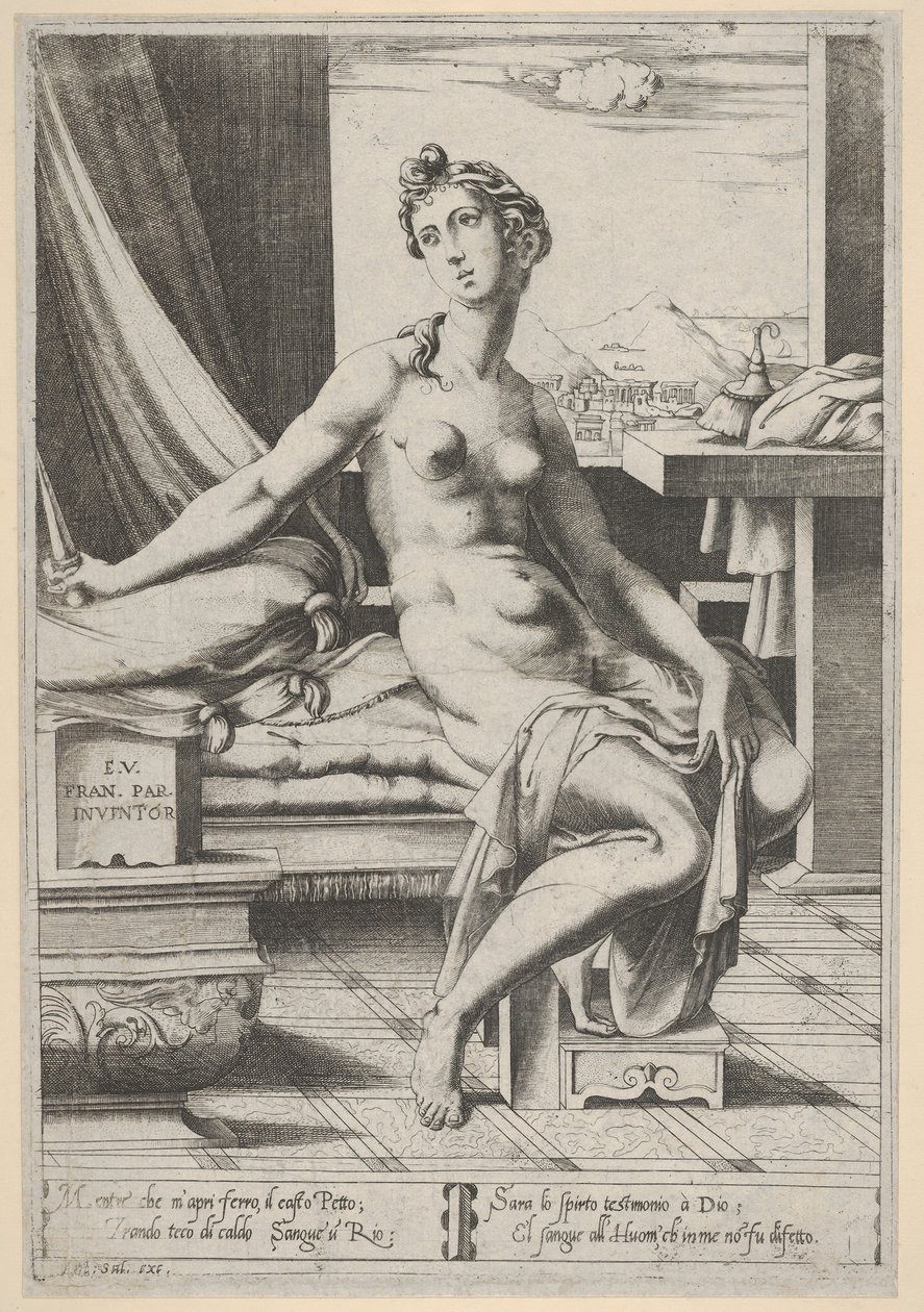 Lukrecja naga i siedząca przed oknem ze sztyletem w prawej ręce i trzymająca d..., ca. 1535-67. autorstwa Enea Vico