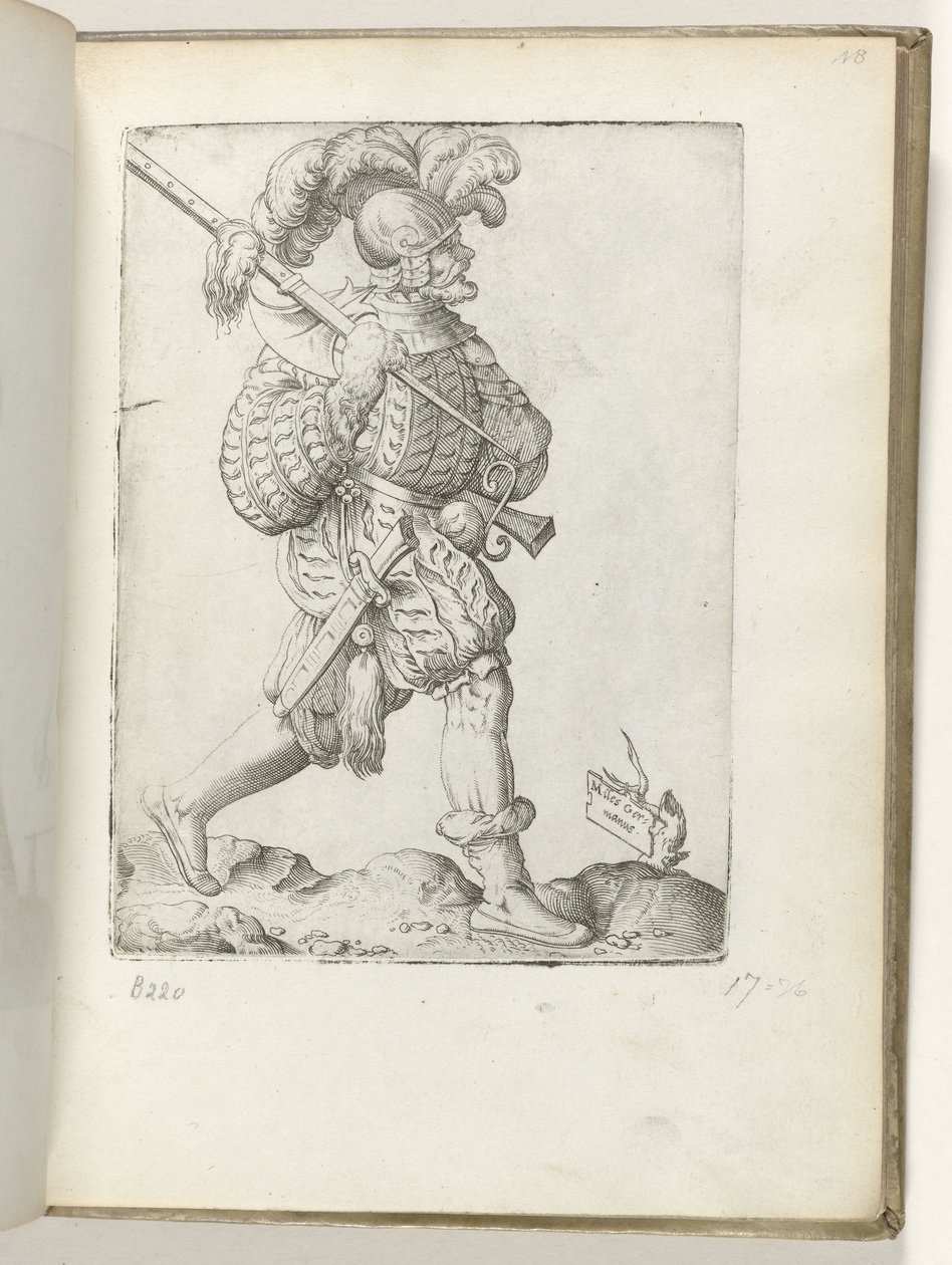 Niemiecki żołnierz (tytuł na obiekcie) Duitse soldaat, gekleed volgens de mode van ca. 1550 Postawy różnych narodów naszych czasów (tytuł serii) autorstwa Enea Vico