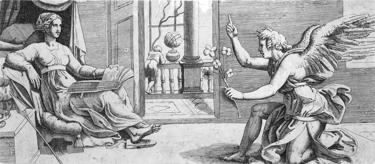 Zwiastowanie z Klęczącym Aniołem, ca. 1540-41. autorstwa Enea Vico.