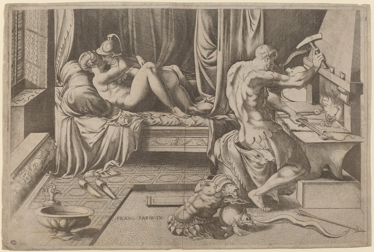 Wenus i Mars Obejmujący z Wulkanem w jego Kuźni autorstwa Enea Vico after Parmigianino