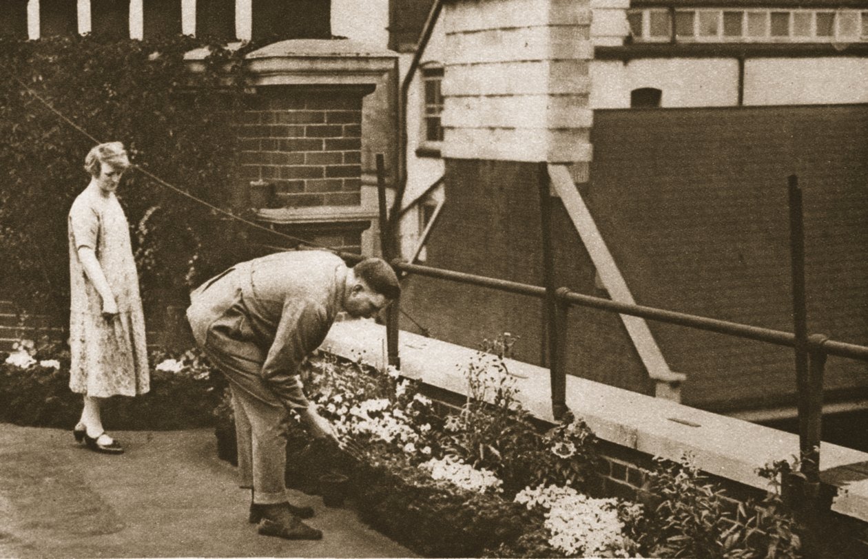 Para opiekująca się swoim prywatnym ogrodem na dachu w bloku przy Tudor Street, z Wonderful London, publikacja 1926-27 (fotograwiura) autorstwa English Photographer
