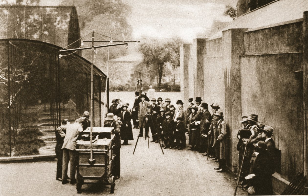 Wczesna transmisja zewnętrzna przez BBC z londyńskiego zoo, w której technicy próbowali zarejestrować dźwięk pisku z ptaszarni, z Wonderful London, opublikowanej w latach 1926-27 (fotograwiura) autorstwa English Photographer