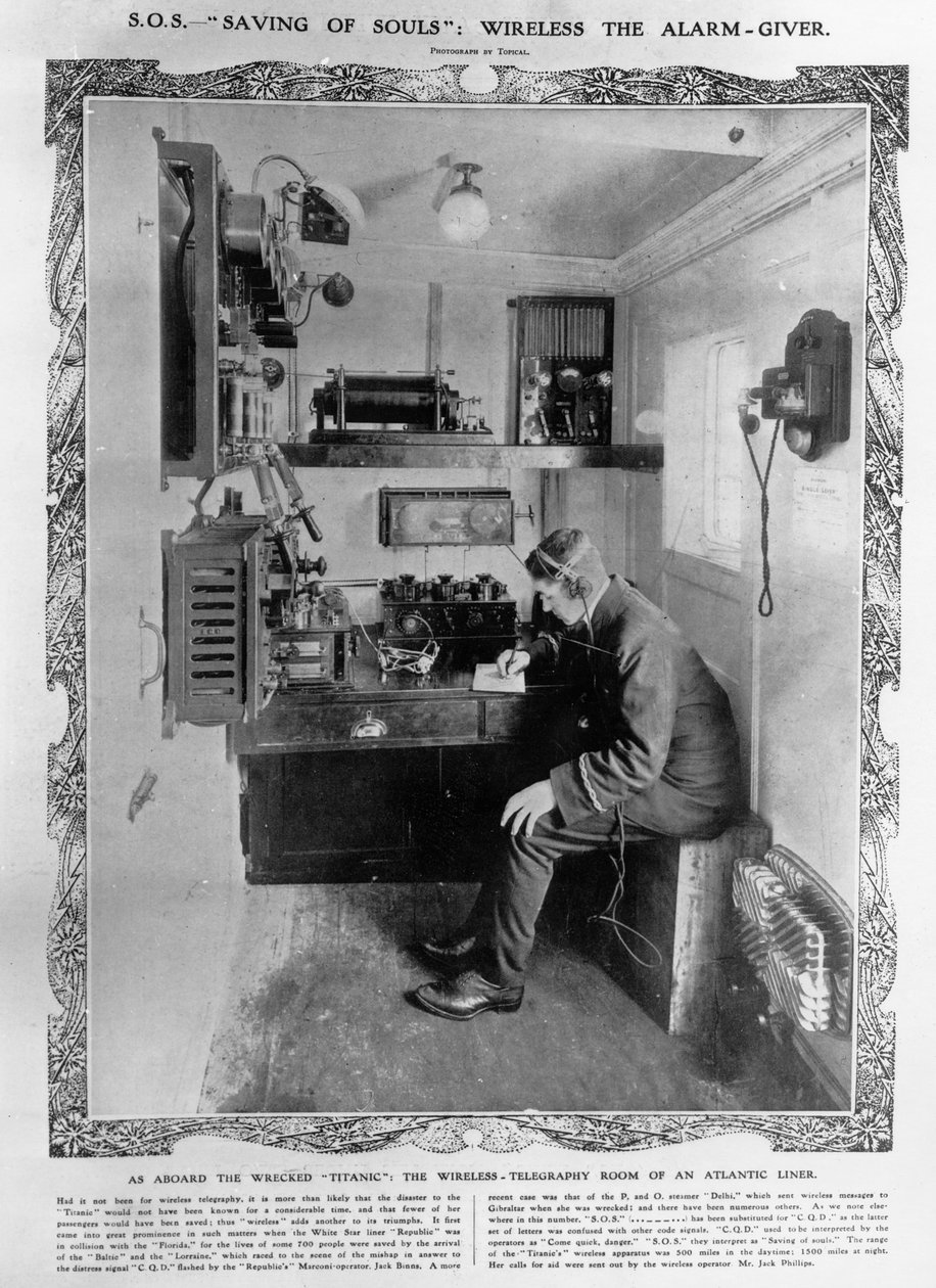 Na pokładzie Wrecked Titanic: The Wireless-Telegraphy Room of the Atlantic Liner, ilustracja z „The Illustrated London News”, 20 kwietnia 1912 autorstwa English Photographer