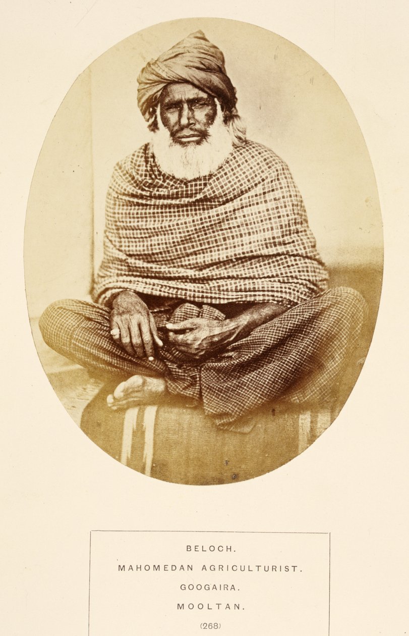 Beloch, Mahomedan Agriculturist, Googaira, Mooltan, z The People of India, J. Forbes Watson, opublikowane 1868 (druk albumowy) autorstwa English Photographer