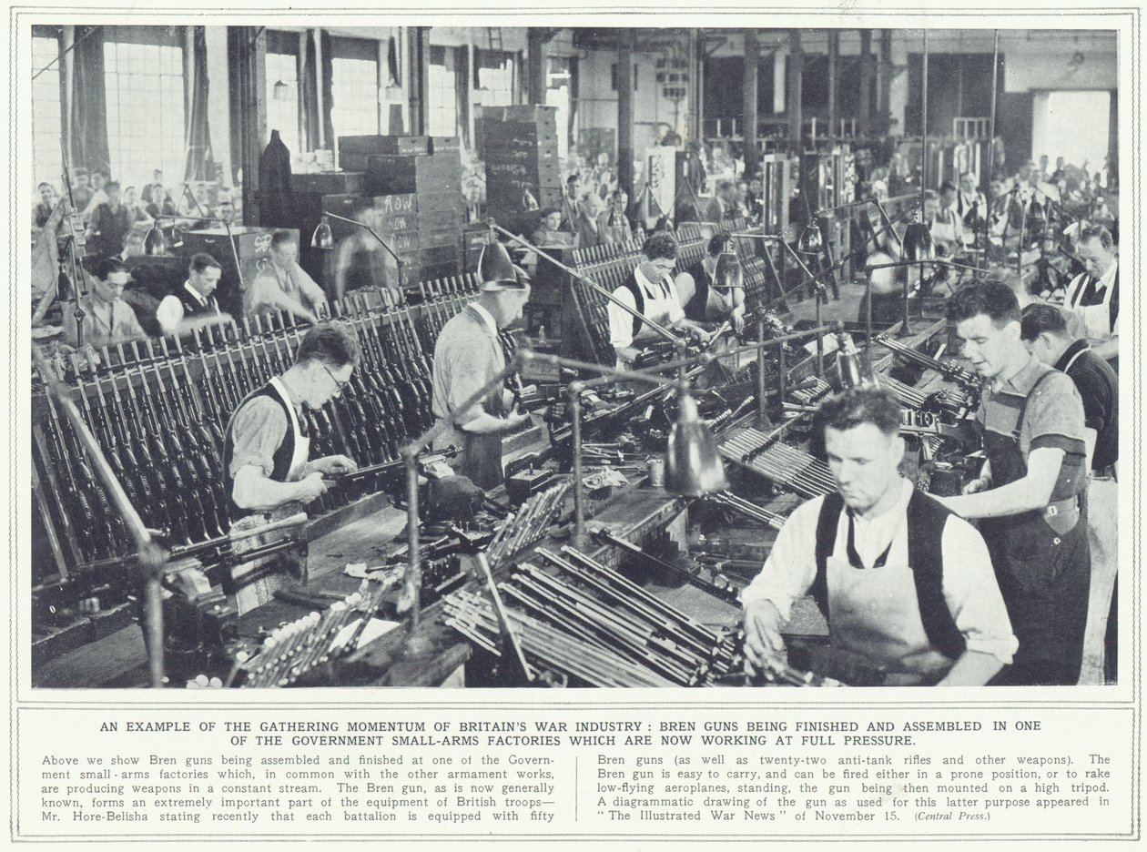 Pistolety Bren są wykańczane i montowane w jednej z rządowych fabryk broni ręcznej, z The Illustrated War News, opublikowane 22 listopada 1939 autorstwa English Photographer