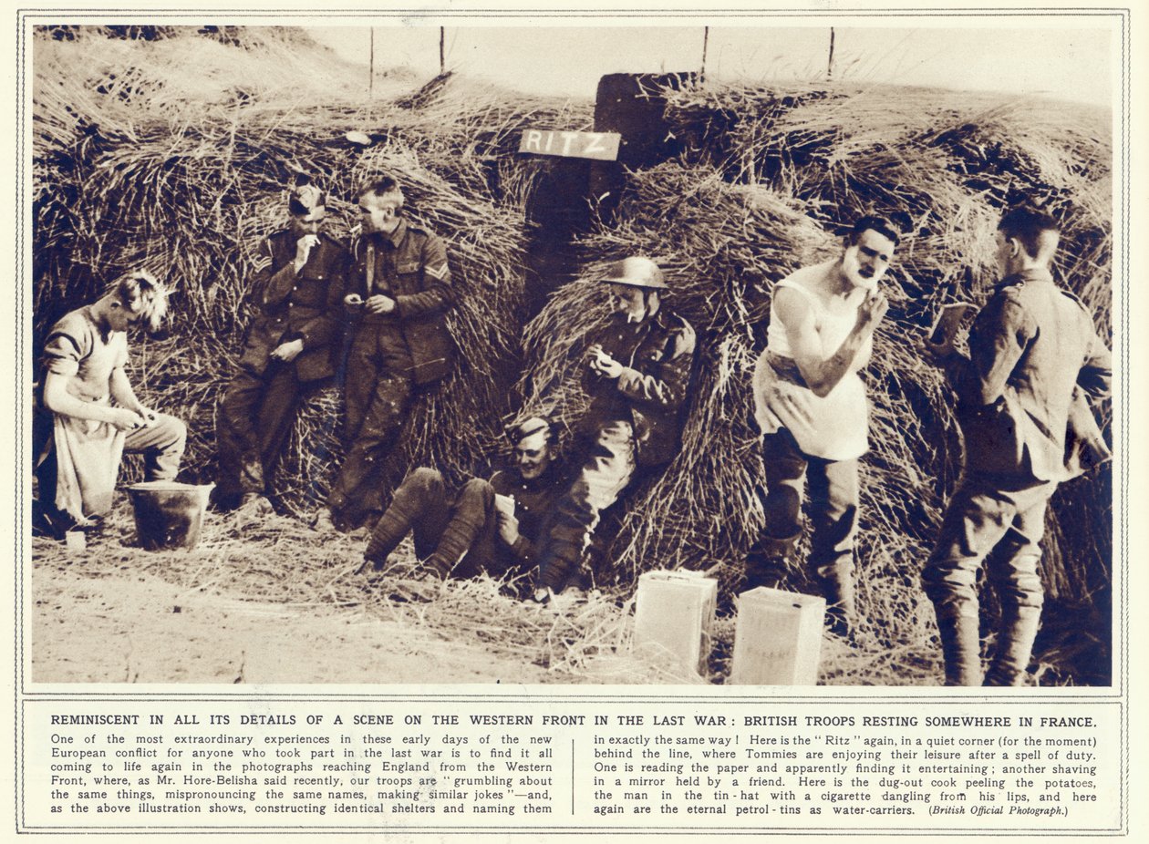 Oddziały brytyjskie spoczywające gdzieś we Francji, z The Illustrated War News, opublikowane 1 listopada 1939 r. autorstwa English Photographer
