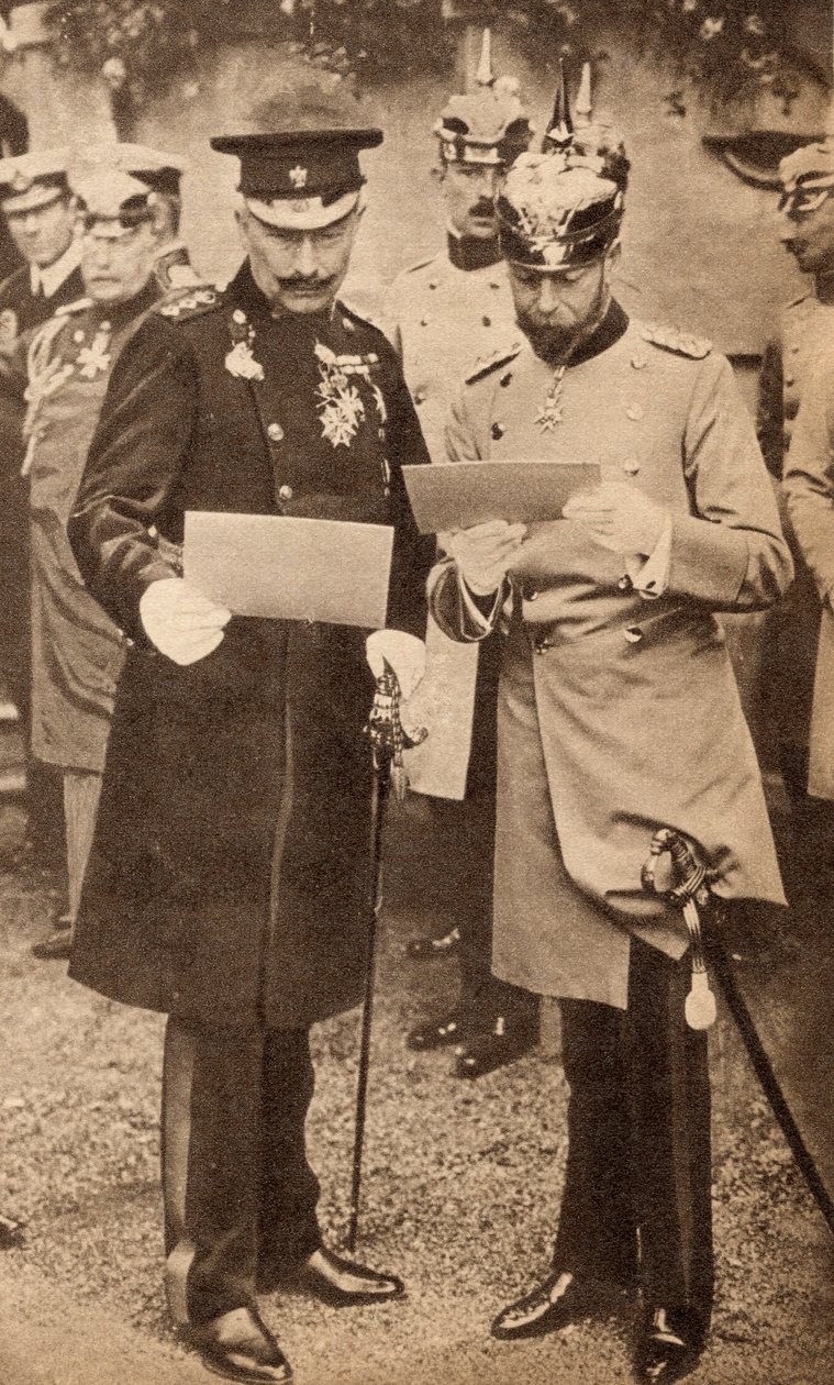 Król Jerzy V i cesarz Wilhelm II omawiają rozkazy operacyjne w Niemczech w 1913 r., ilustracja z „Życia króla Jerzego V”, wydanej ok. 1935 r. autorstwa English Photographer