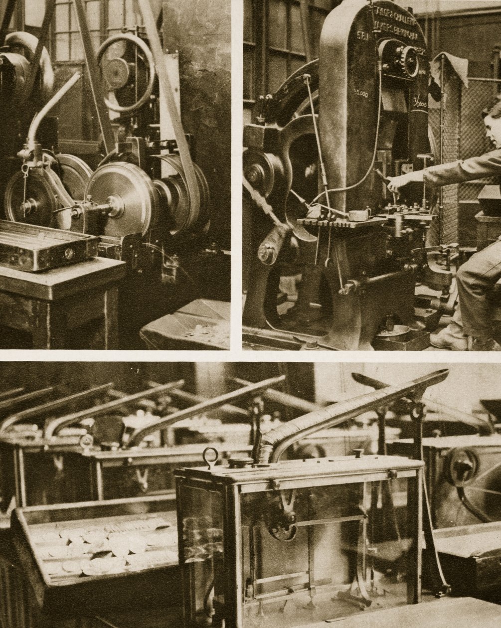 Produkcja pieniędzy - stemplowanie i frezowanie krążków oraz ważenie gotowych monet (zdjęcie sepia) autorstwa English Photographer