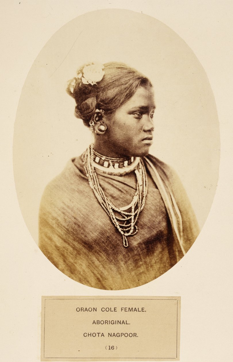 Oraon Cole Kobieta, Aborygen, Chota Nagpoor, z The People of India, J. Forbes Watson, opublikowane 1868 (druk albumowy) autorstwa English Photographer