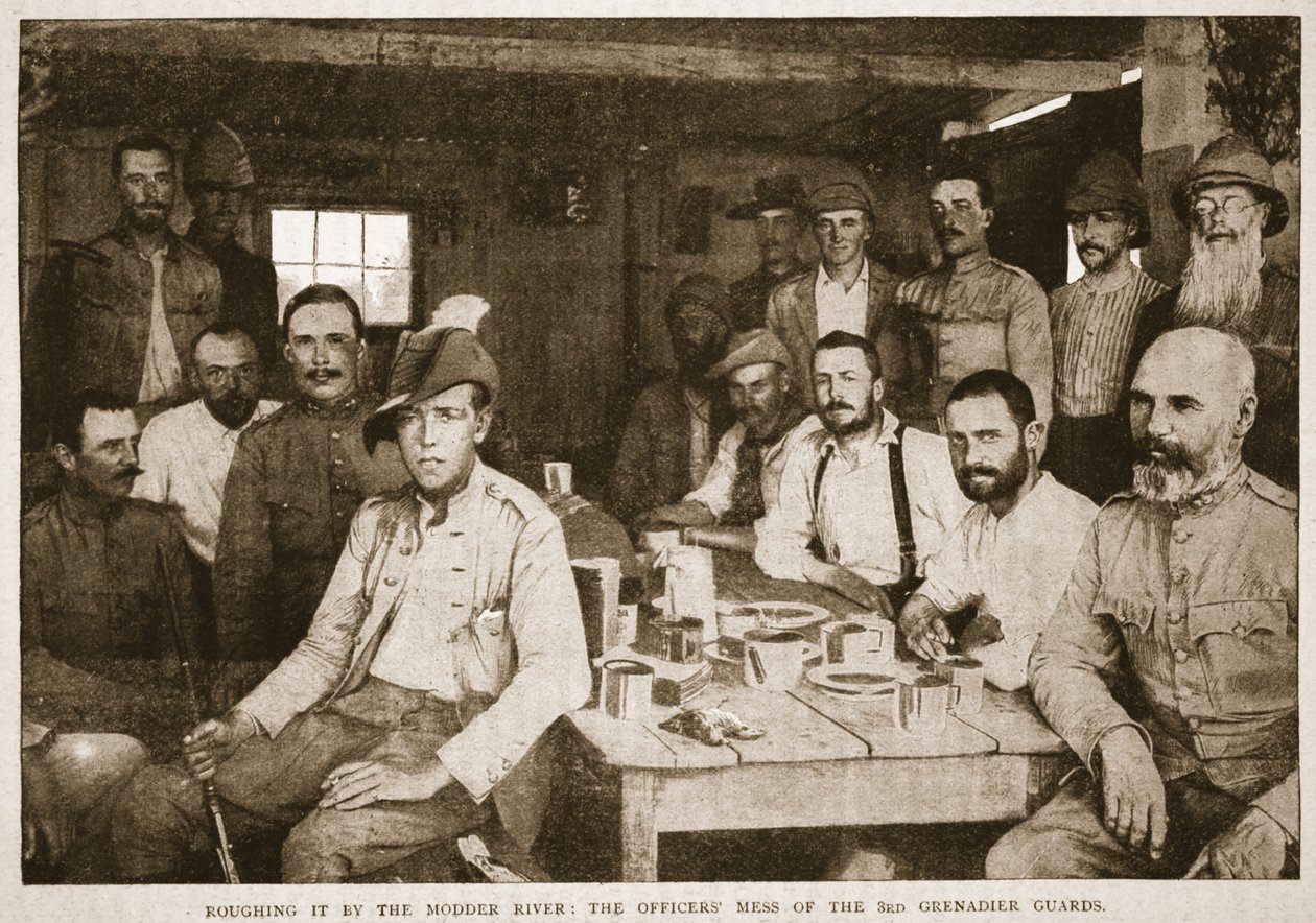 Przedzieranie się nad rzeką Modder: mesa oficerska 3. Gwardii Grenadierów, ilustracja z Bitwy XIX wieku, t. VI: Wojna burska z lat 1899-1900 autorstwa Archibalda Forbesa, G.A. henty autorstwa English Photographer