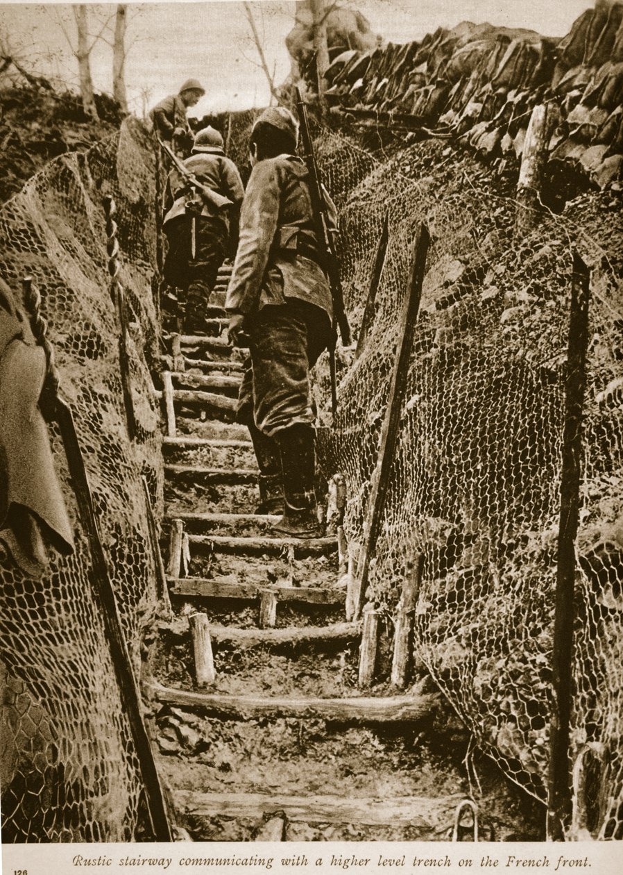 Rustykalna klatka schodowa komunikująca się z wykopem wyższego poziomu na froncie francuskim, 1914-19 autorstwa English Photographer