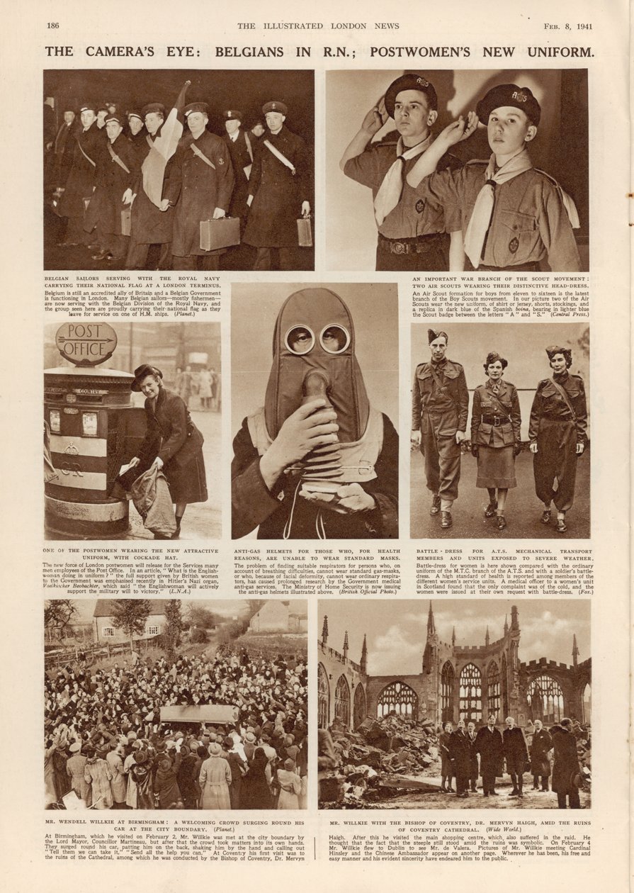 The Cameras Eye: Belgowie w R.N.; Nowy mundur Postmens, z The Illustrated London News, 8 lutego 1941 r. autorstwa English Photographer