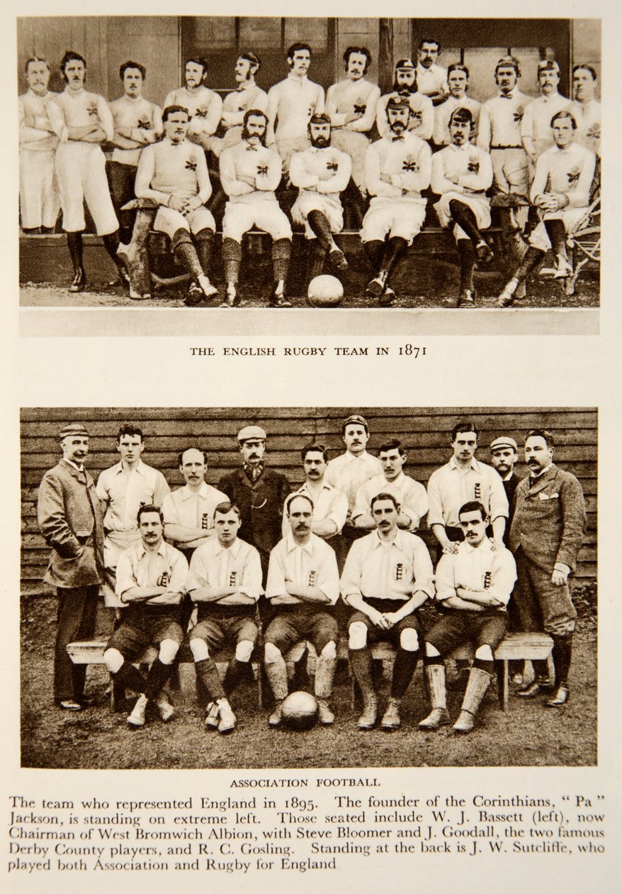 Angielska drużyna rugby w 1871 r. i przedstawiciele Związku Piłki Nożnej w 1895 r., zdjęcia z The Times (fotograwiura) autorstwa English Photographer